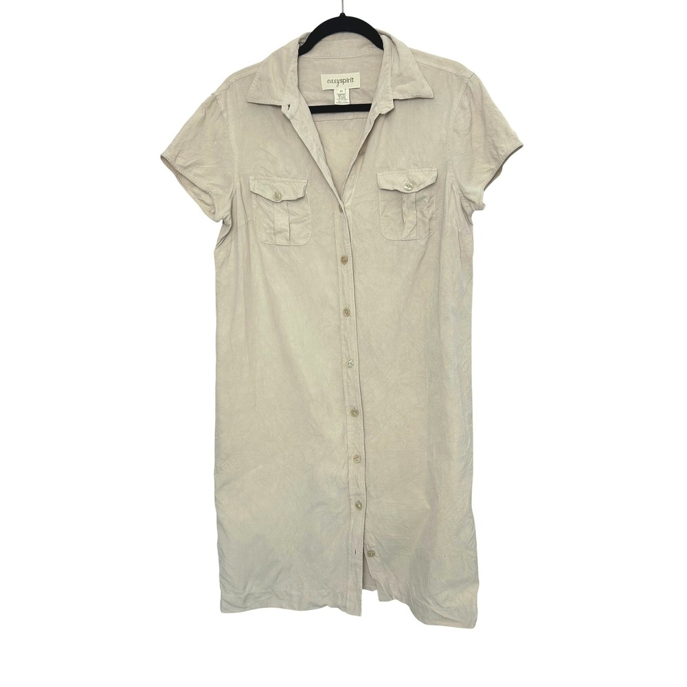 Vintage Easy Spirit Shirt Dress 12 Tan 100% Silk Button‎ Front Safari normcore
